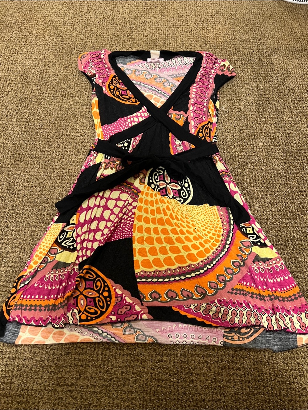 S Black Wrap Dress with Pink & Orange Print